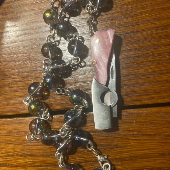 Handmade Pink Pocket Knife Rainbow Shimmer Glass Necklace - Picture 2 of 3